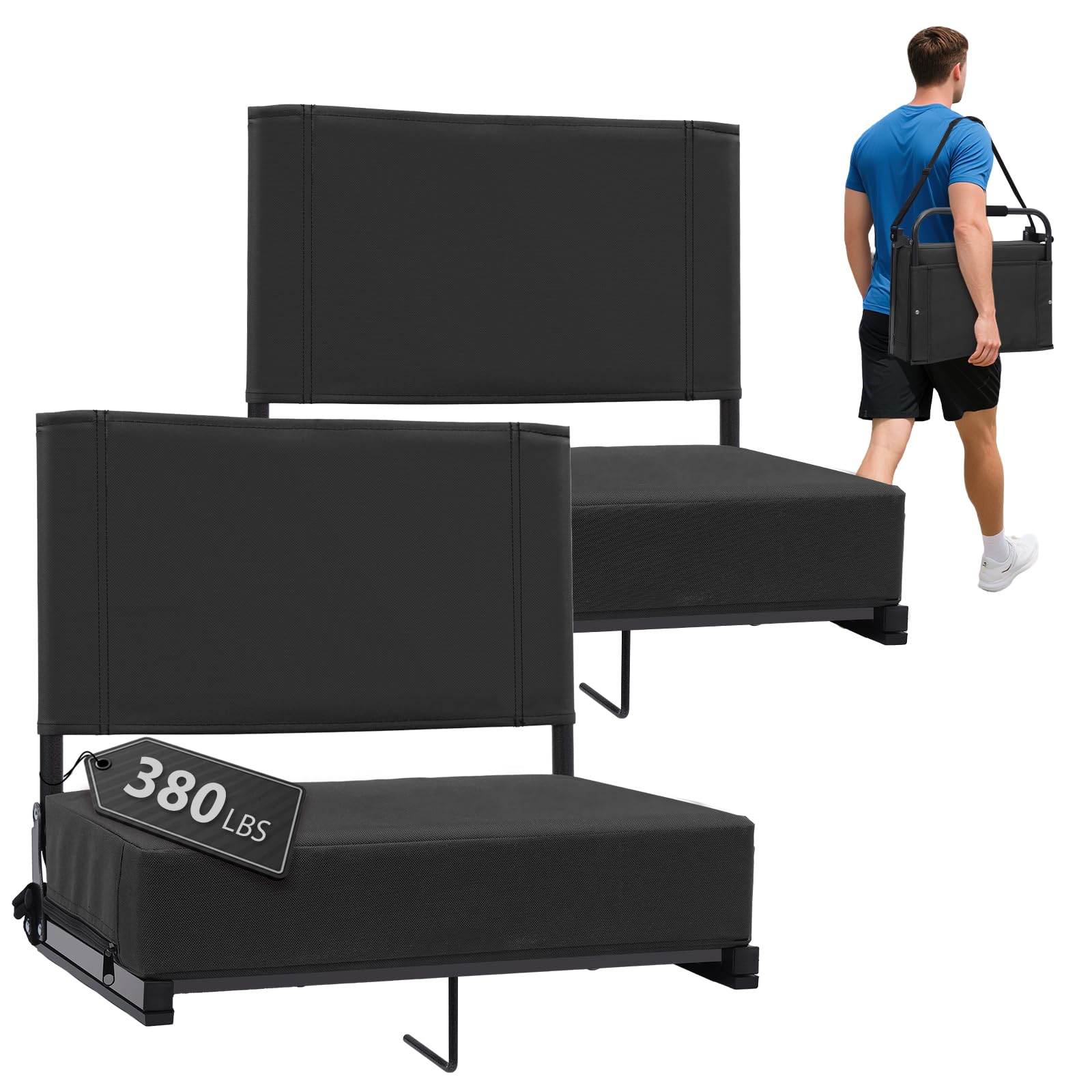 Stadium Seats with Back Support 2pcs Padded Portable Bleacher Seat with Handle Shoulder Strap - Wide Bleacher Chair with Back an