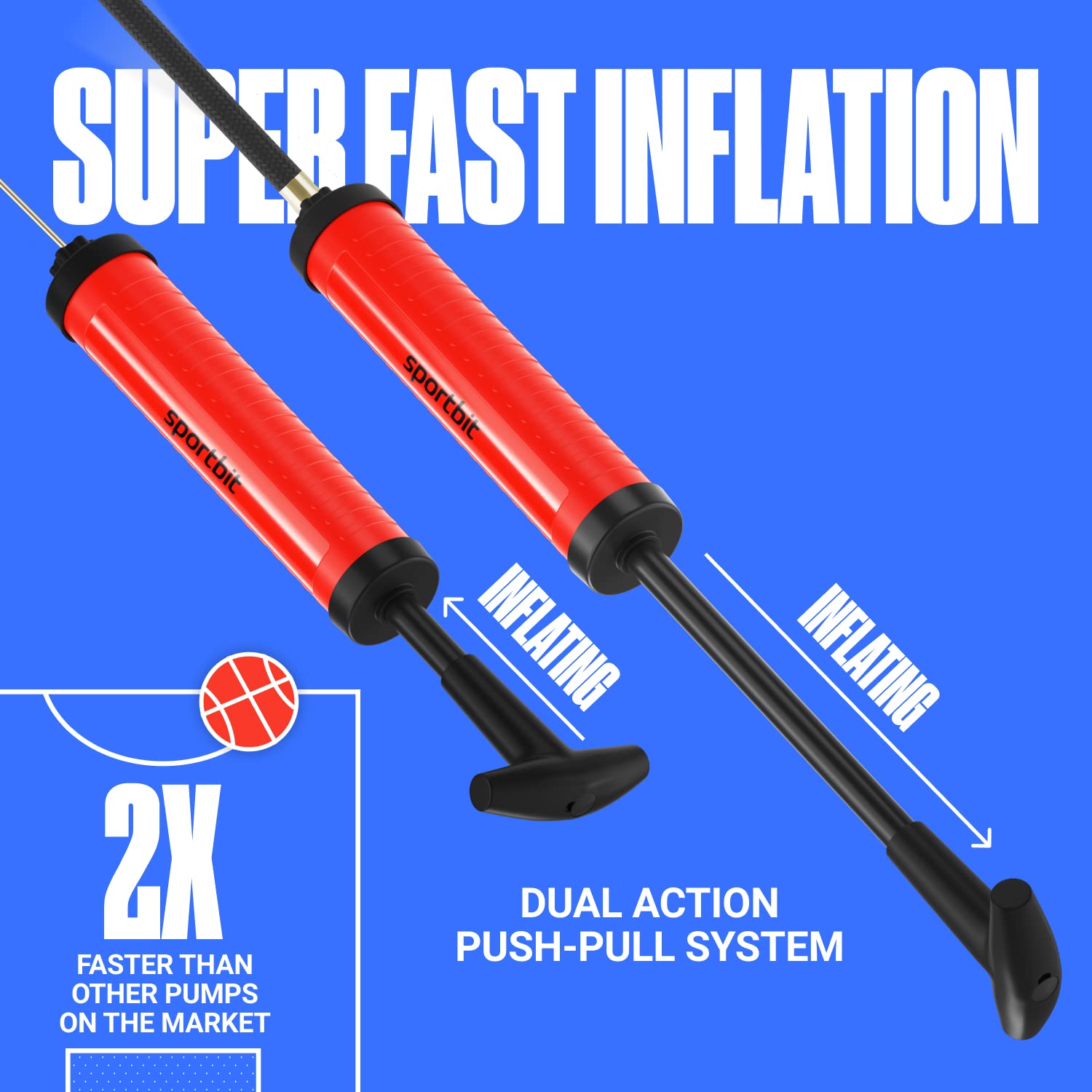 Sportbit Ball Pump With 3 Needles, Nozzle, Extension Hose, Pouch - Great Air Pump For Exercise Sport Balls - Football & Soccer,