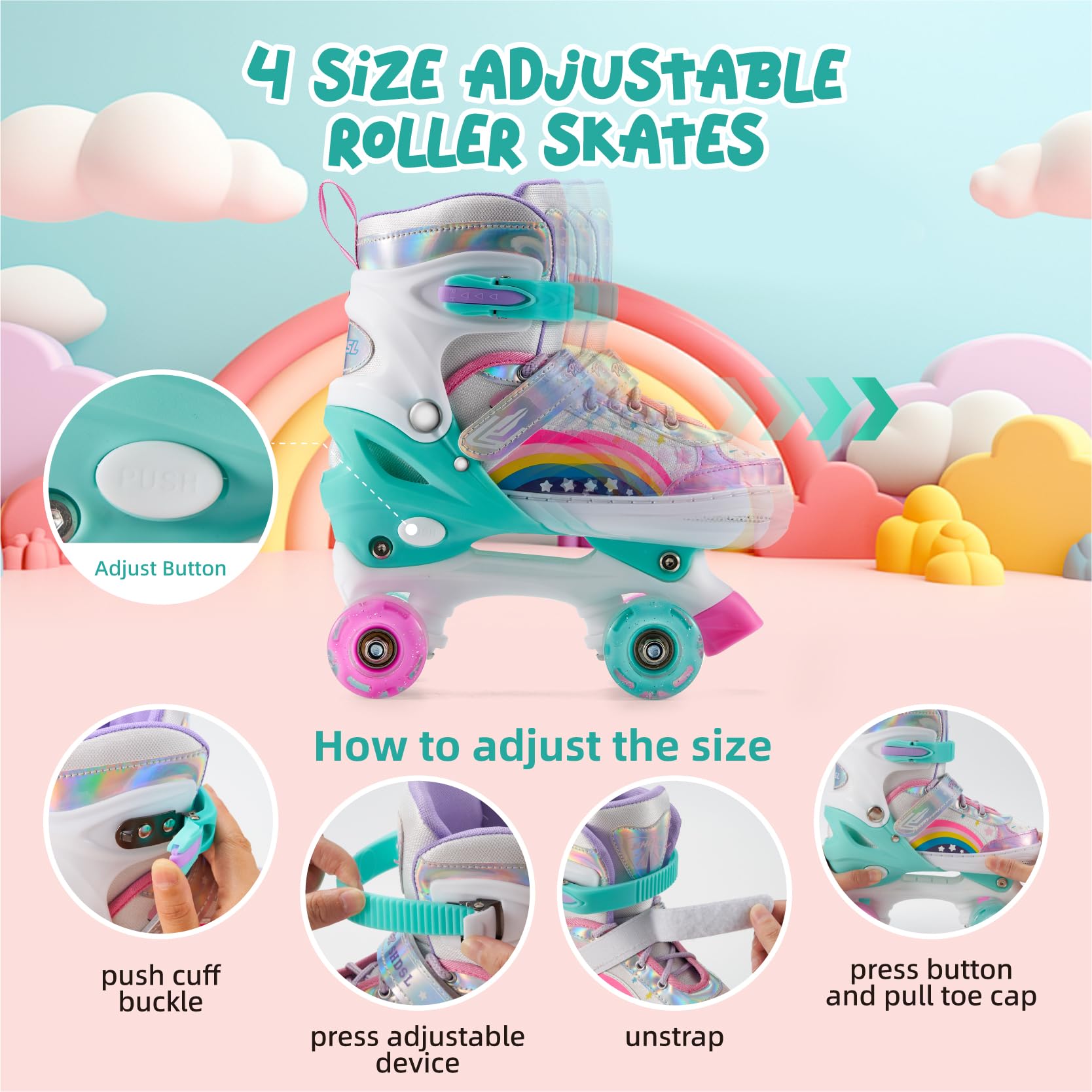 SHDSL Girls Roller Skates 4 Size Adjustable Kids Roller Skates for Girls, Purple Pink Roller Skate for Boys Toddlers, Beginner K