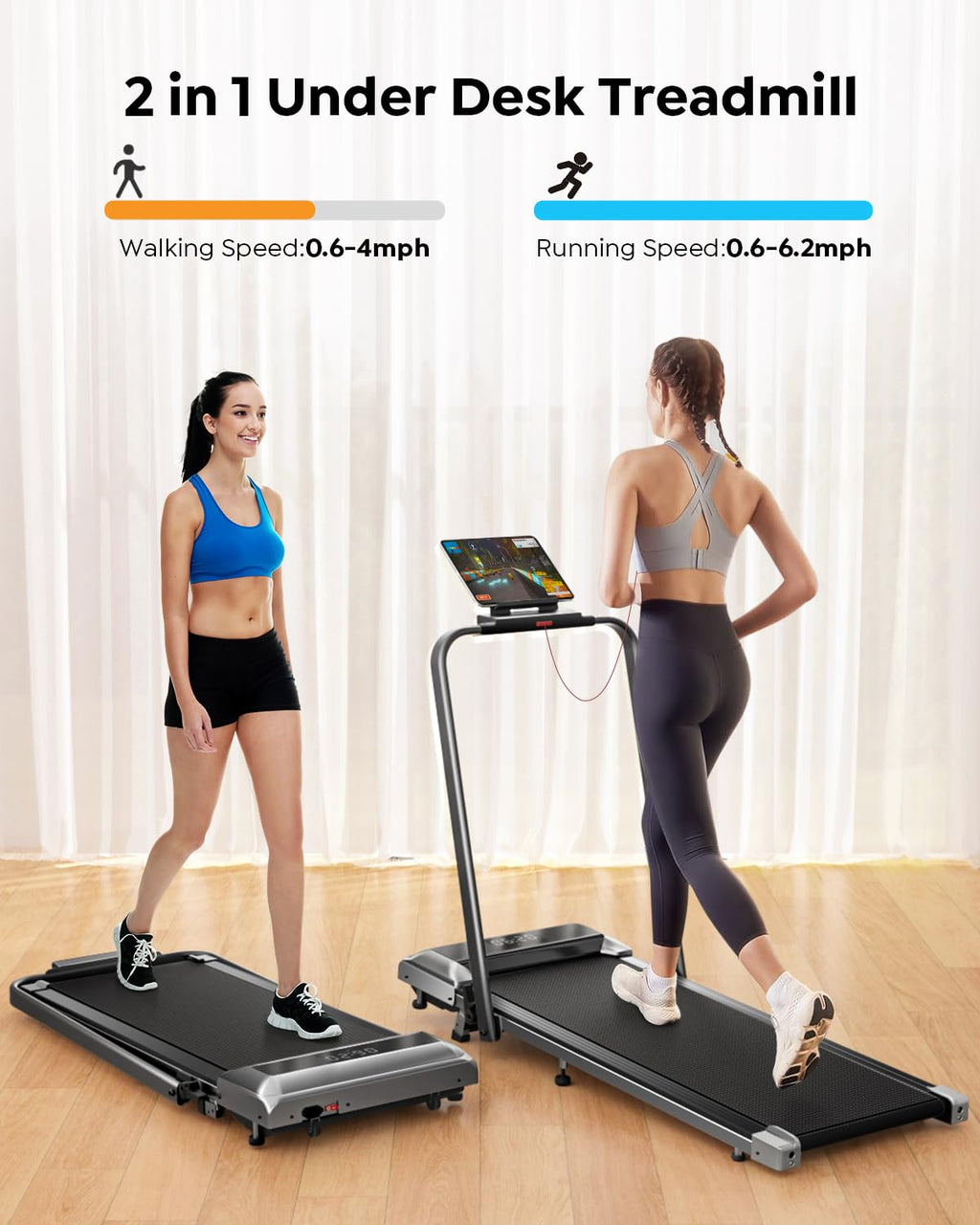 Acezoe Walking Pad Treadmill With Incline And Handle Bar, 2 In 1 Folding Treadmills For Home Small Office, 300Lbs Portable Compa