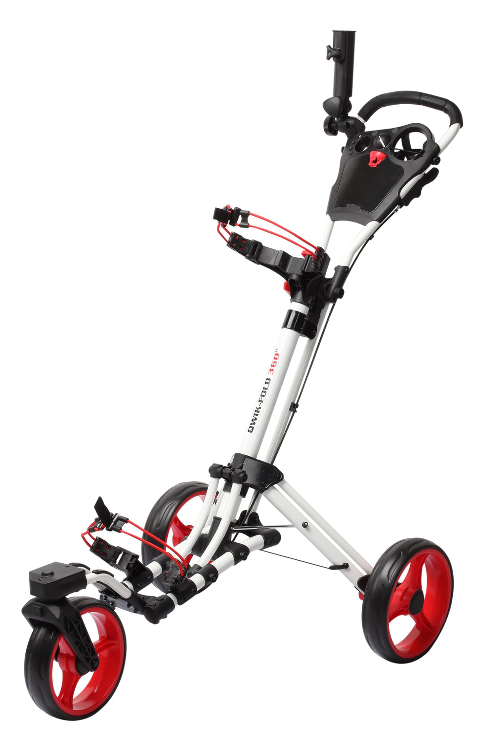Qwik-Fold 360 Swivel 3 Wheel Push Pull Golf Cart - 360* Rotating Front Wheel - One Second To Open & Close! (White/Red)