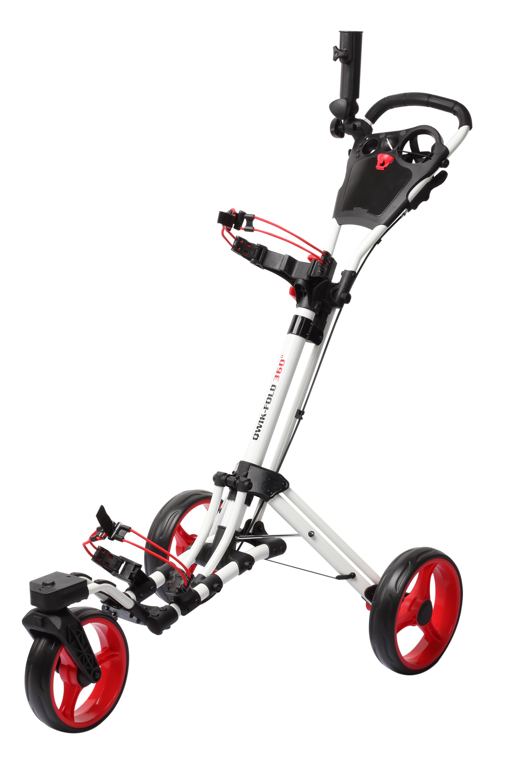 Qwik-Fold 360 Swivel 3 Wheel Push Pull Golf Cart - 360* Rotating Front Wheel - One Second To Open & Close! (White/Red)