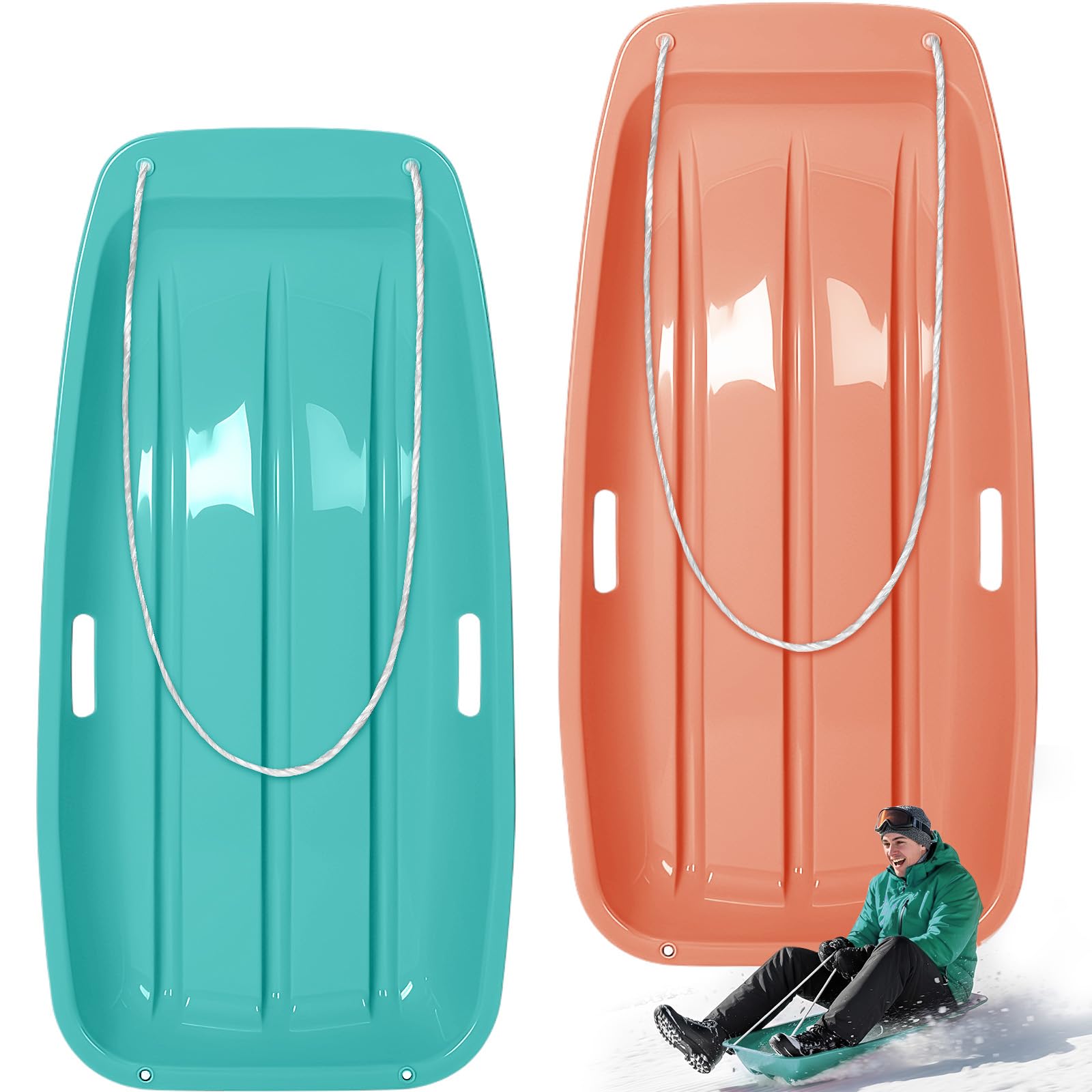 Poen 2 Pcs Plastic Snow Sled 35  Downhill Sprinter Winter Toboggan Sled Board with Pull Rope and Handles Snow Sleds for Kids Adu