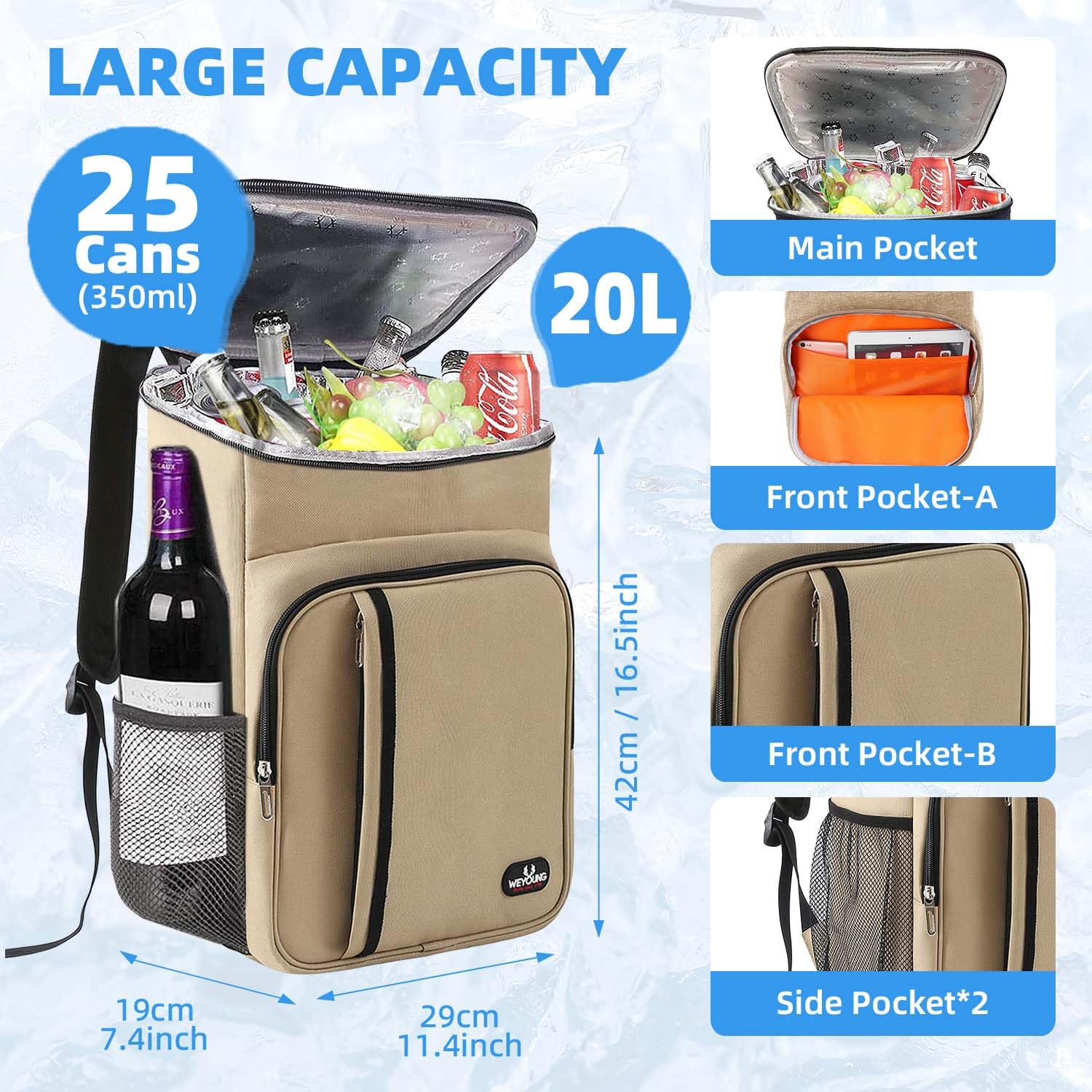 Bagtopia Camping Cooler Backpack 25 Cans, Leak Proof Soft Insulated Compartments Thermal Bag, Portable Lightweight Beach Travel