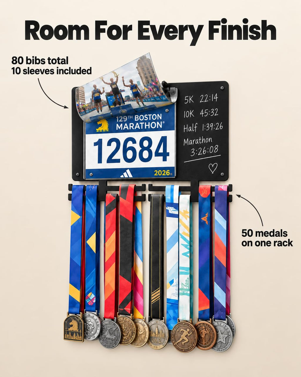 Running Medal Hanger & Bib Display Board with Chalkboard | BLAUBECK Wall Holder