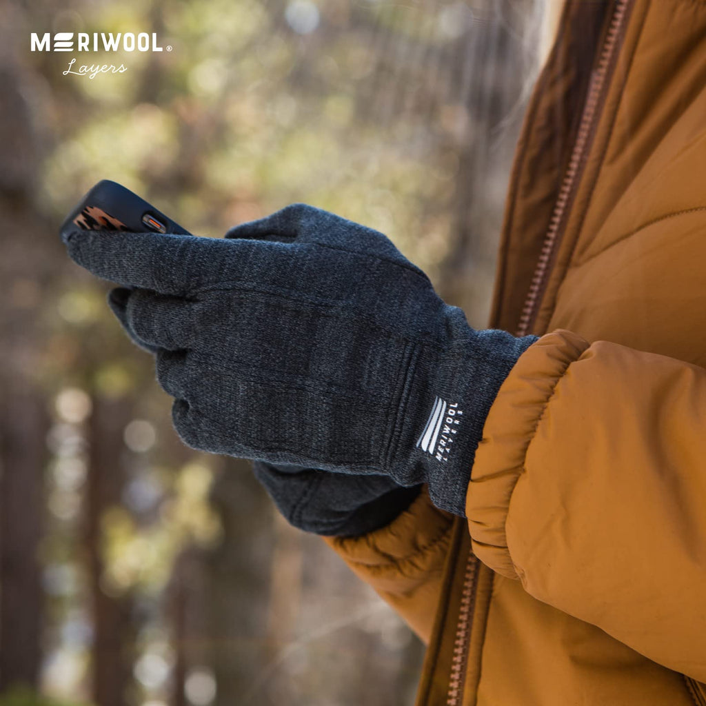Meriwool Merino Wool Unisex Glove Liners For Use With Touch Screens In Charcoal Grey - Large