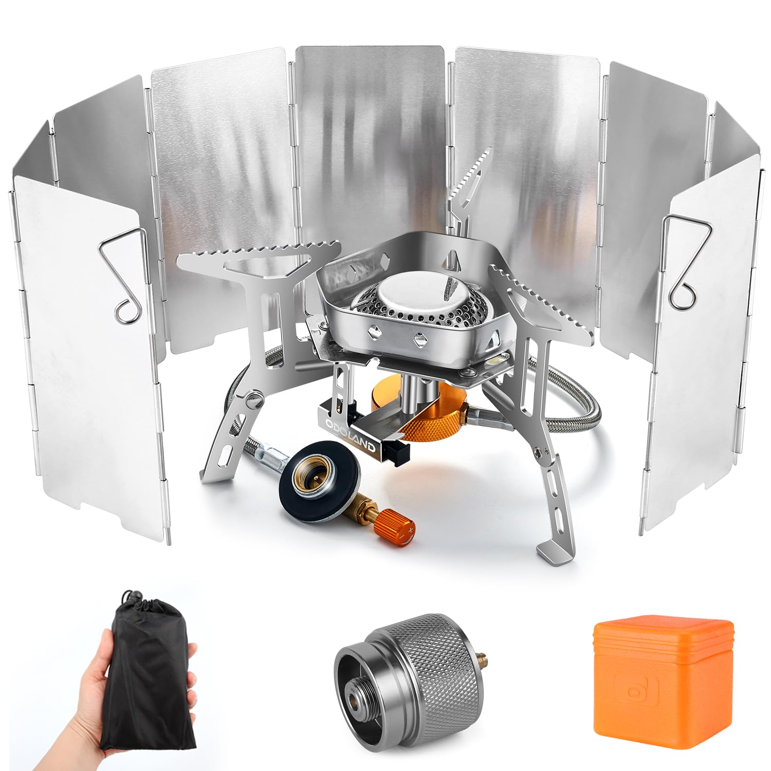 Odoland 3500W Windproof Camp Stove Camping Gas Stove With Windscreen, Fuel Canister Adapter, Piezo Ignition, Carry Case, Portabl