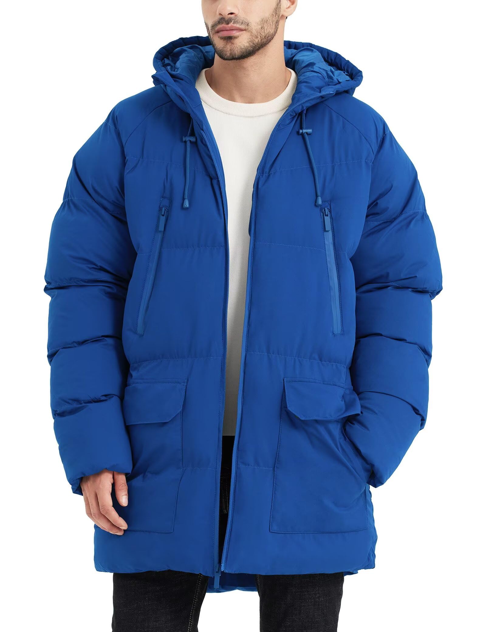 Rejork Men s Long Winter Coat Hooded Warm Quilted Jacket Water-resistant Cold Weather Parka Royal Blue 2XL