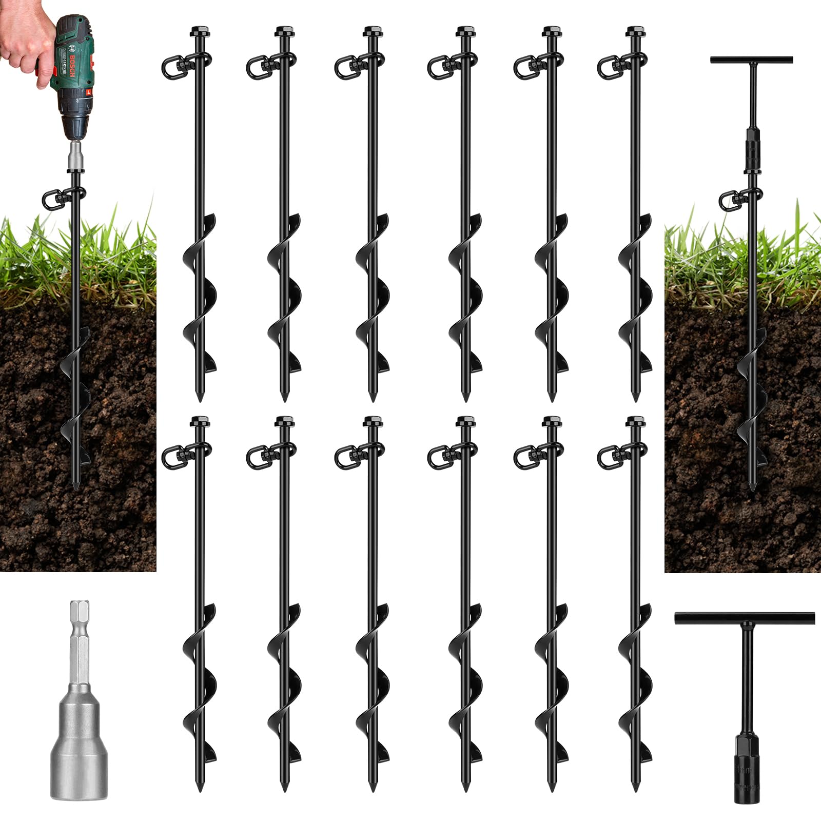 Faurimmer 12 Pack Ground Anchor Heavy Duty Earth Anchors With T Handle Hex Wrench & Power Nut Driver, Metal Stakes Ground Anchor