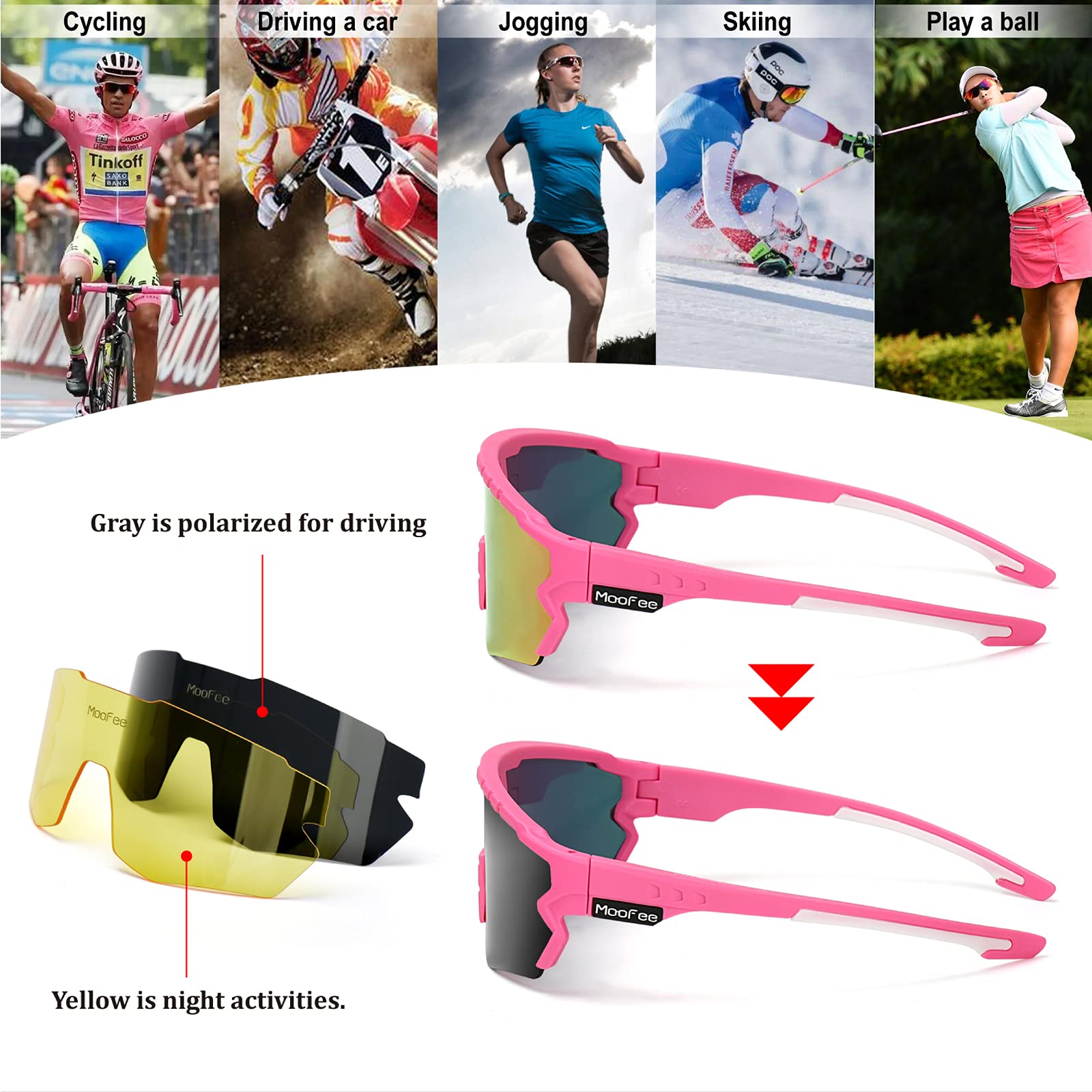 Moofee Cycling Glasses Sports Polarized Sunglasses For Men Women Riding Fishing Golf Baseball Running Glasses (Mf006-Pink)