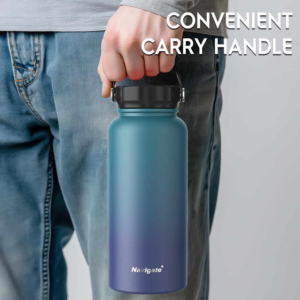 Navigate 32 oz Insulated Stainless Steel Sports Water Bottle with Spout & Handle Lids,Wide Mouth Water Jug with Double Walled Le
