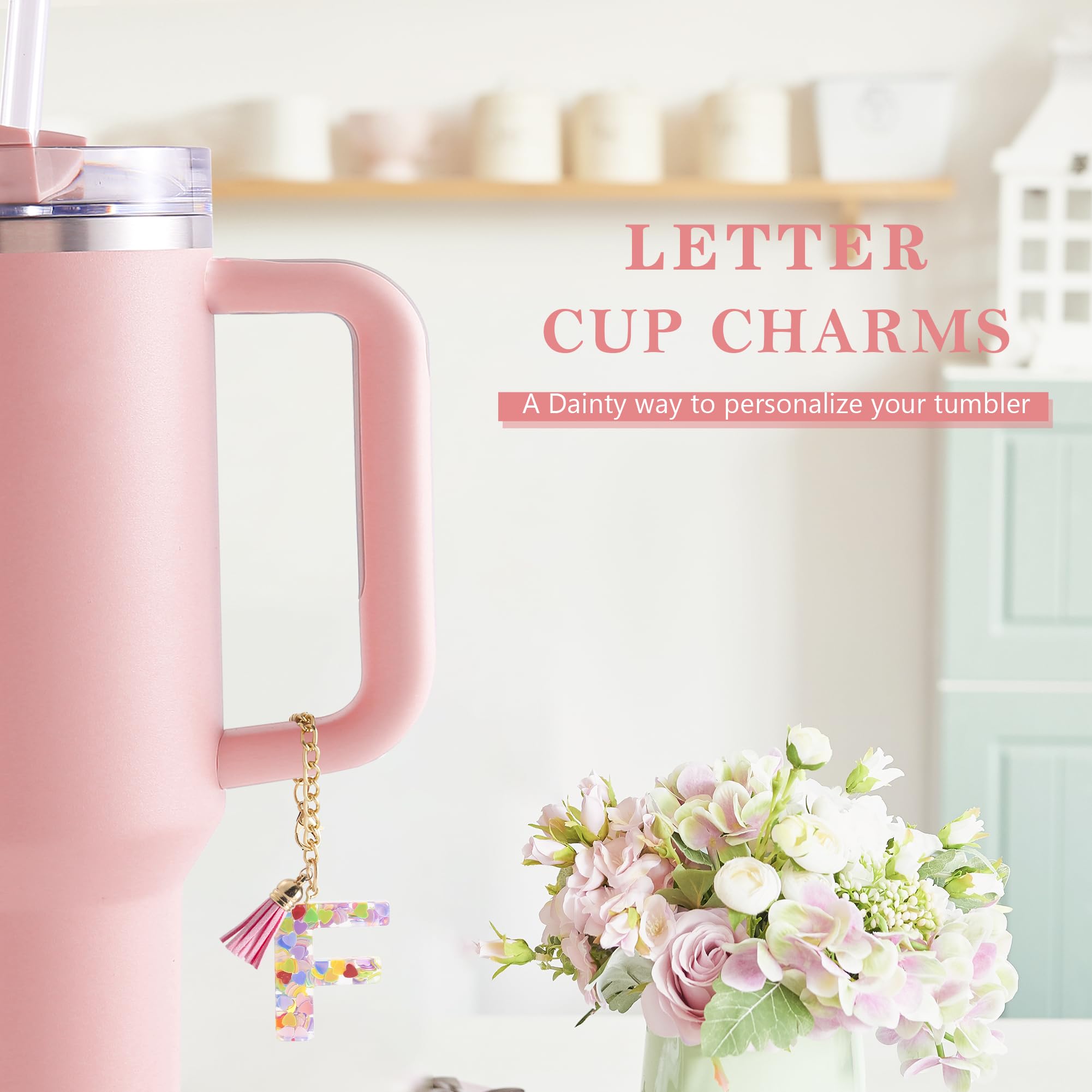 Letter Charm Accessories for Stanley Cup 1 PCS Cute Initial Keychain Handle Charm for Stanley Tumbler for Women Pink Letter F