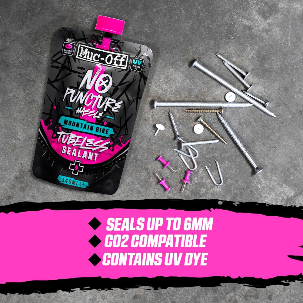 Muc-Off No Puncture Hassle Tubeless Sealant, 140 Milliliters - Advanced Bicycle Tyre Sealant With Uv Tracer Dye That Seals Tears