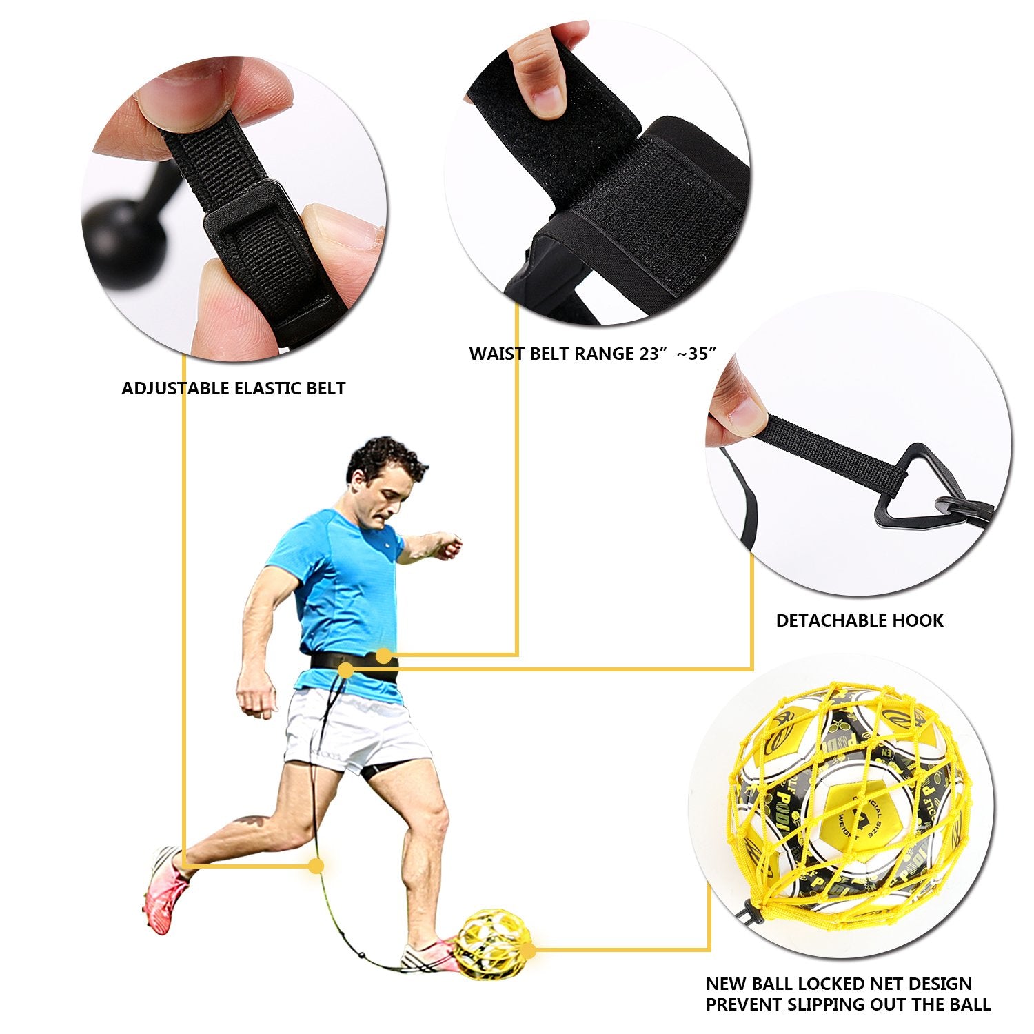 Podiumax Hands-Free Soccer Kick/Throw Trainer, New Ball Locked Net Design, Adjustable Waist Belt & Cord Suit For All Levels (Fit