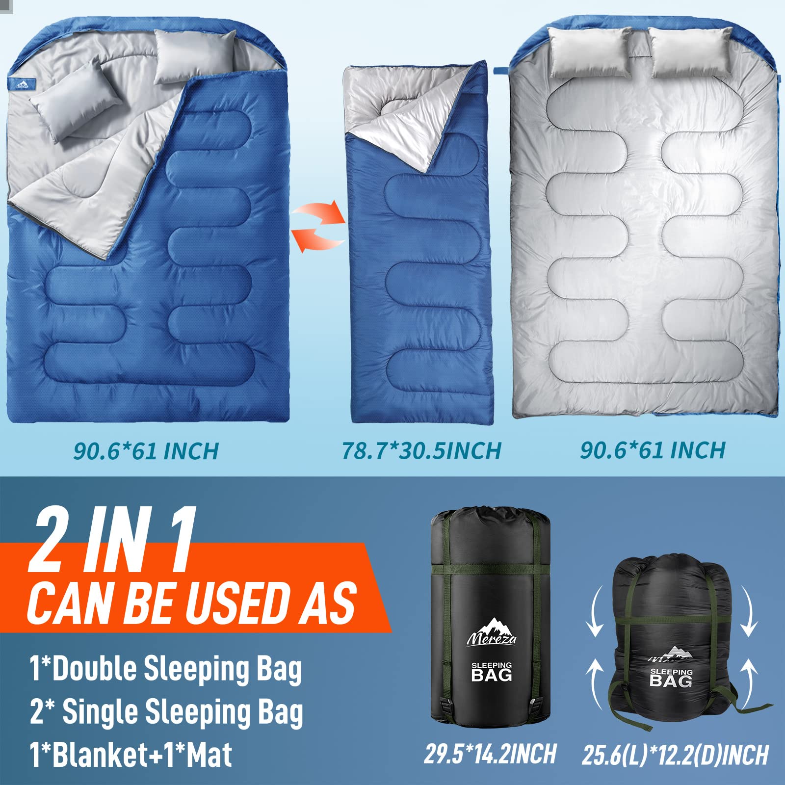 Mereza Double Sleeping Bag For Adults Mens With Pillow, Xl Queen Size For All Season Camping Hiking Backpacking 2 Person Sleepin