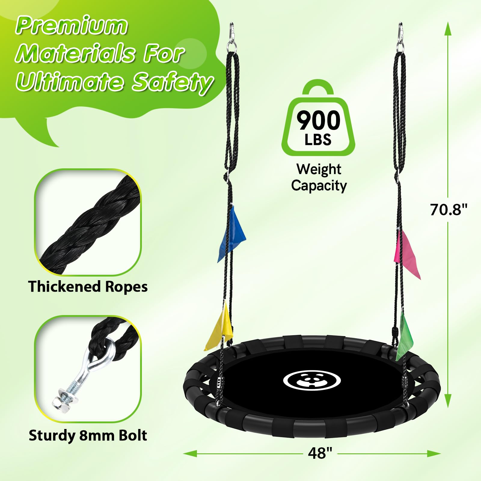 HeyZoo 48 Inch Saucer Swing, 900lbs Weight Capacity Tree Swing Sets for Backyard 2 Added Hanging Straps Adjustable Multi-Strand