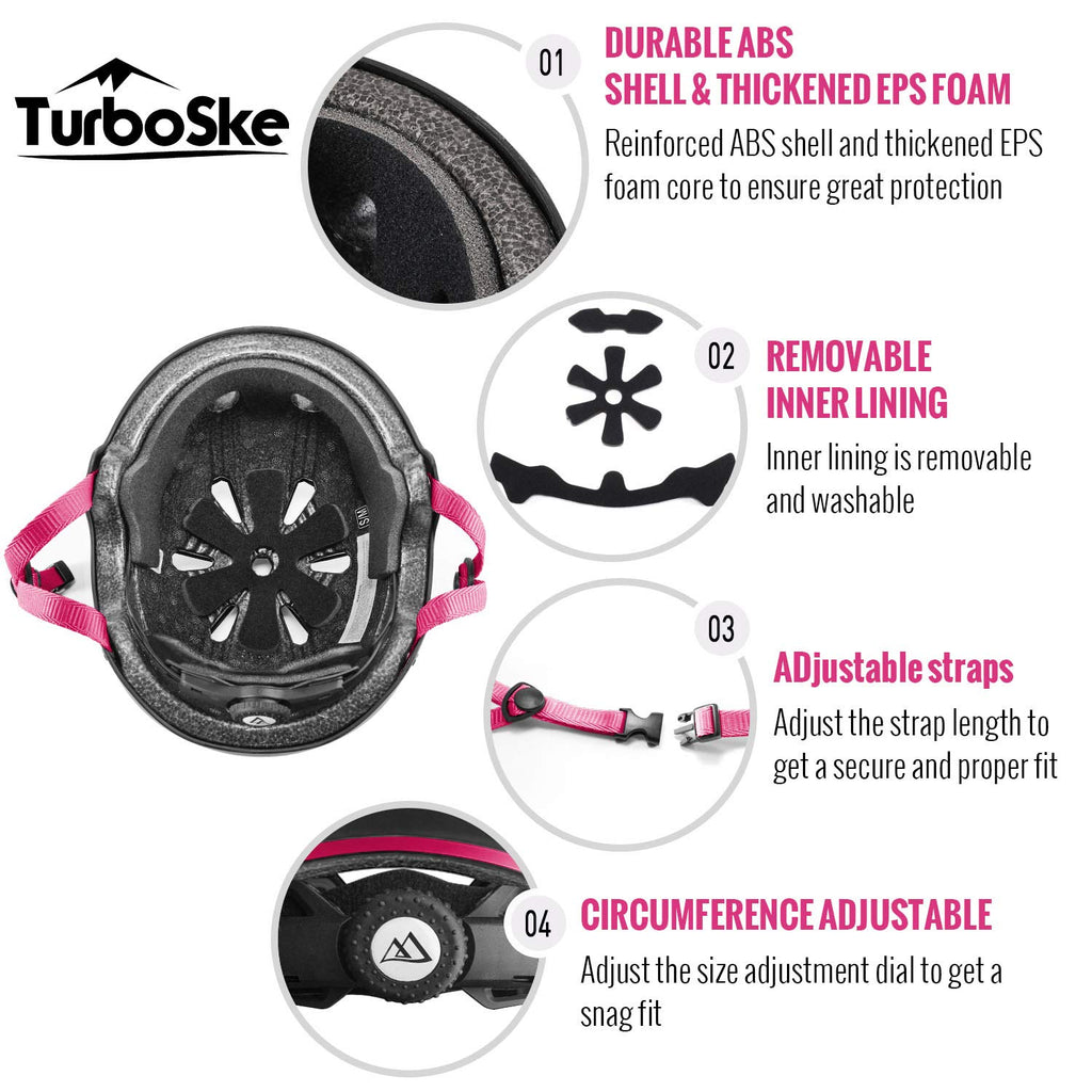 Turboske Skateboard Helmet, Bmx Helmet, Multi-Sport Helmet, Bike Helmet For Kids, Youth, Men, Women (Black&Pink, L/Xl (22.8''-24