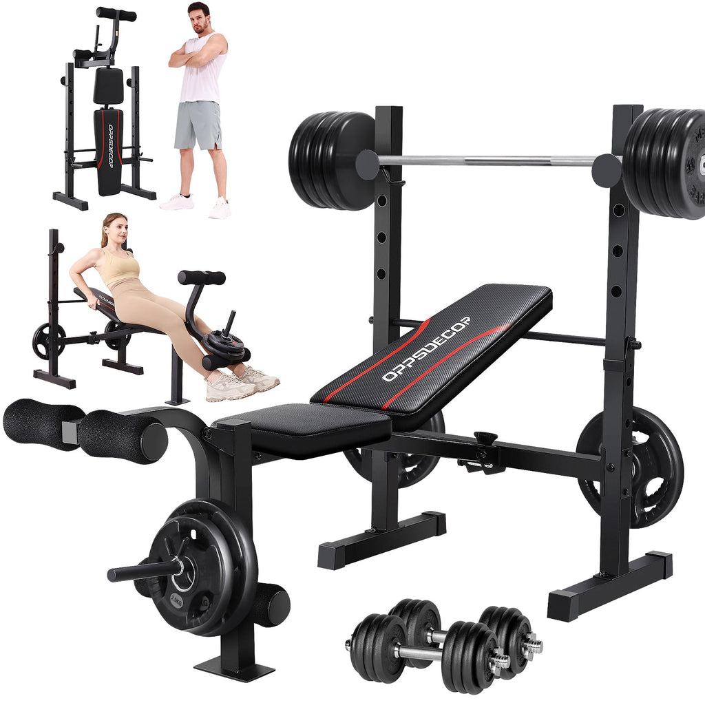 Oppsdecor Standard Adjustable Weight Bench Set, Bench Press With Squat Rack & Leg Extension And Leg Curl Workout Bench For Home