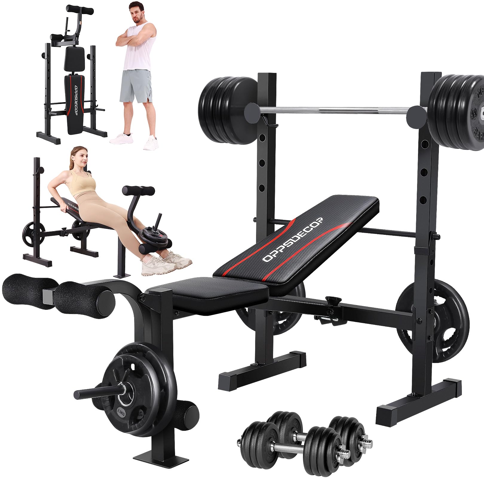 Oppsdecor Standard Adjustable Weight Bench Set, Bench Press With Squat Rack & Leg Extension And Leg Curl Workout Bench For Home