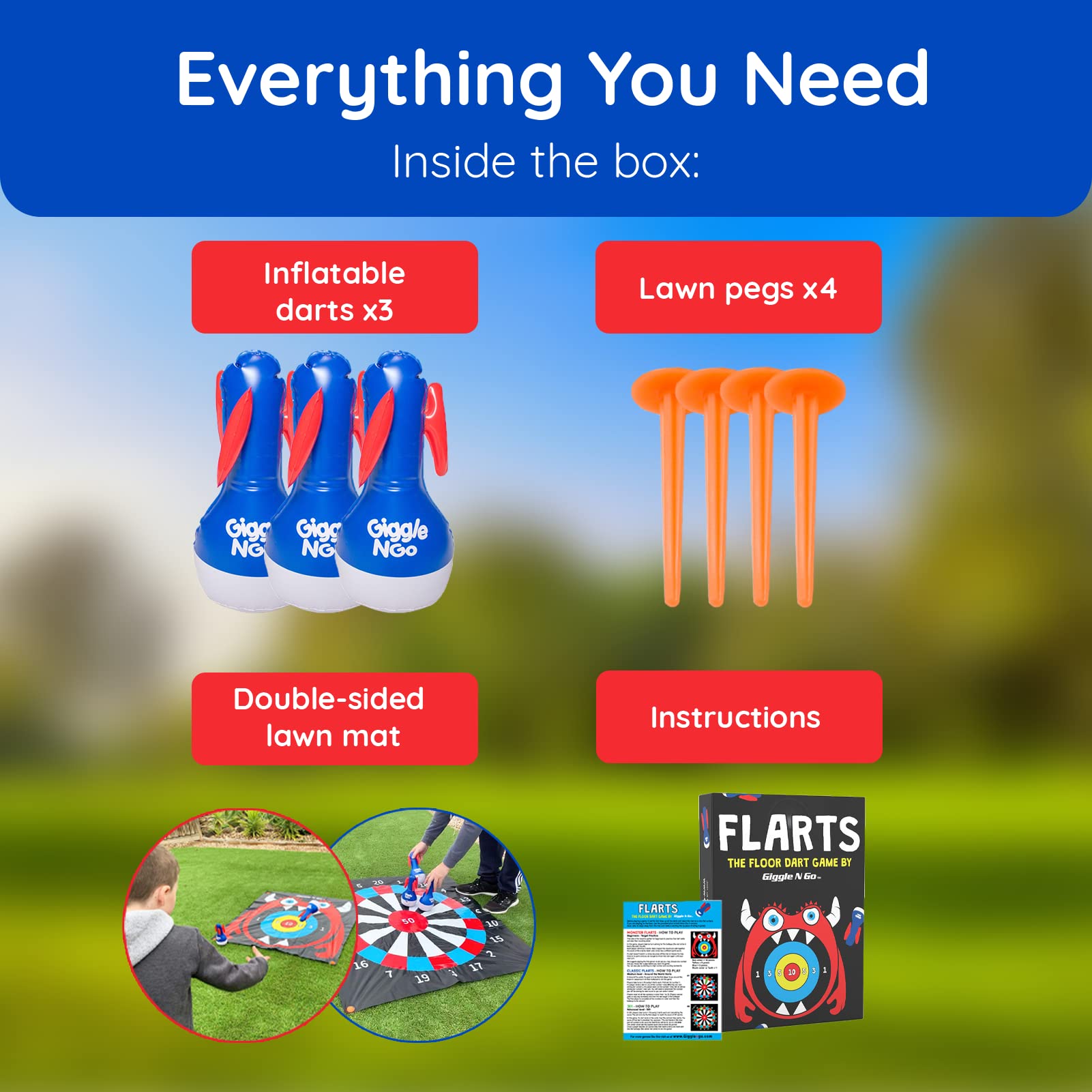 Giggle N Go Outdoor Games For Kids, Adults & Family - The Original Flarts Floor And Yard Darts Game With Inflatable Pins, Lawn P