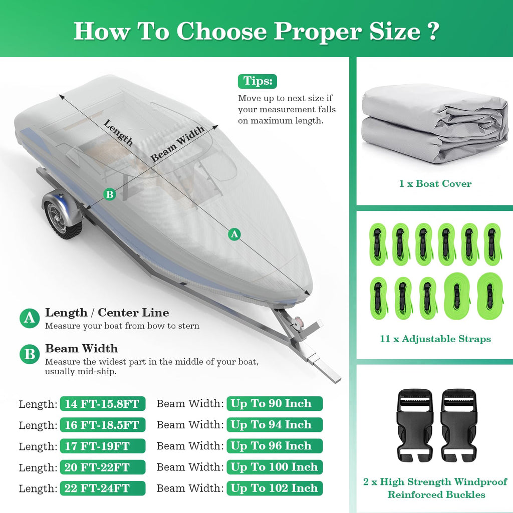 Uirway Boat Cover Waterproof, Heavy Duty 1200D Boat Tarp With Reflective Strips, Bass Boat Covers For Trailering & Mooring, Fits