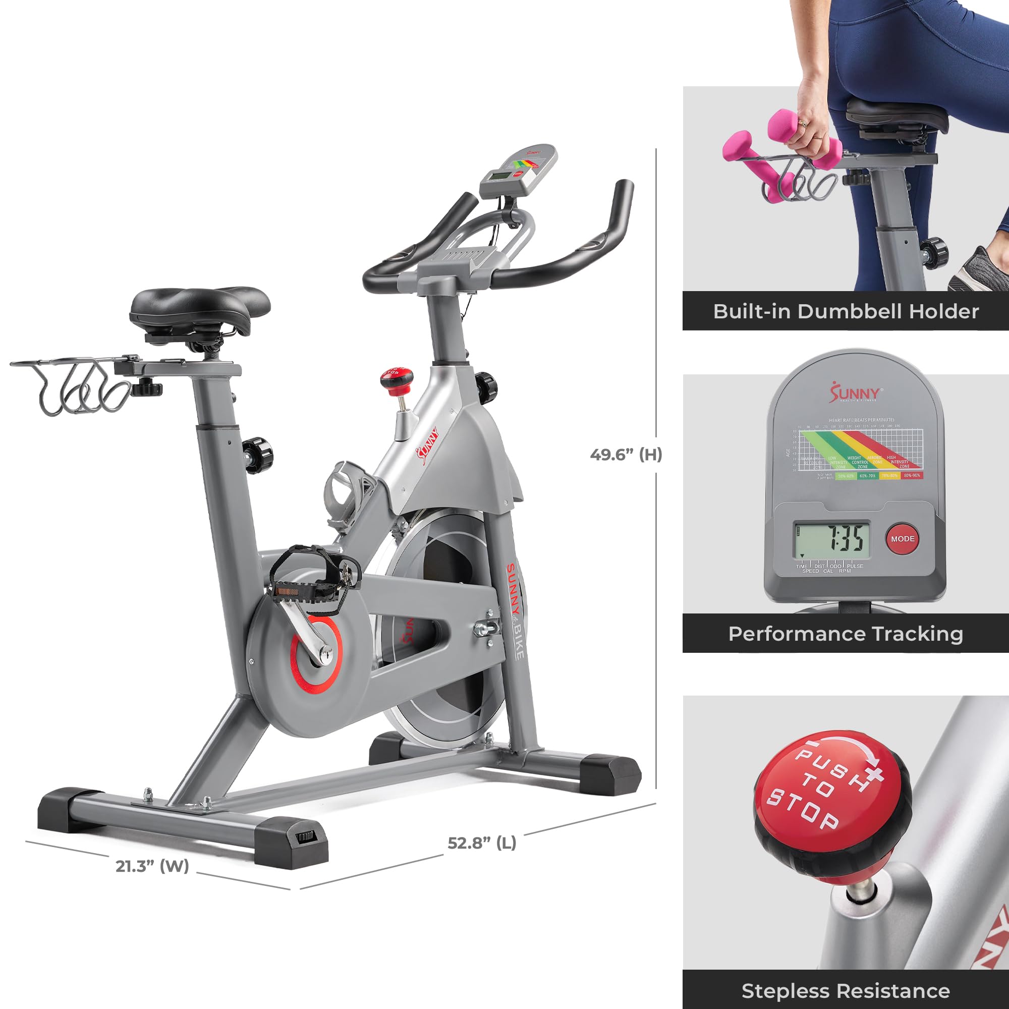 Sunny Health & Fitness Smart Indoor Cycling Magnetic Resistance Exercise Bike, Cardio Workout for Home, Pulse Sensor, with Dumbb