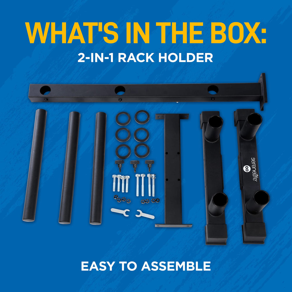 SereneLife 6-Pegs Olympic Weight Plate Rack & 4 Barbells - 800 Pounds Capacity, Heavy Duty Gym Organizer, Scratch Resistant Fram