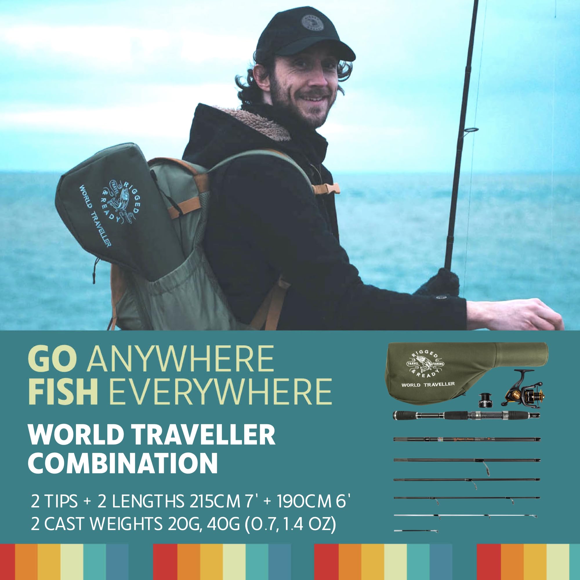 Rigged And Ready World Traveller Rod Reel Case Combination + 2 Tips 215+190Cm (7'+6') Angling Travel Pole. Spin Bait Carp Pike F