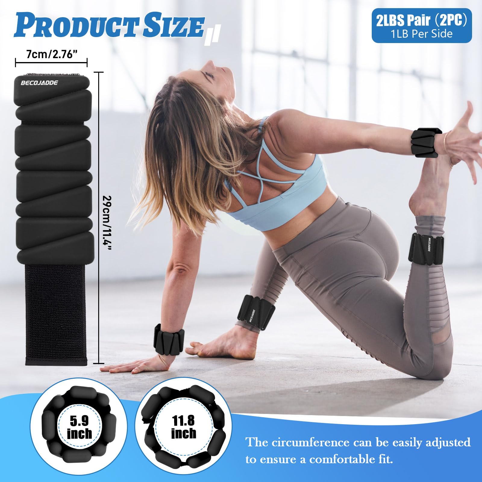 BECOJADDE Ankle Weights Set of 2 (1 lb Each) Adjustable Wrist Weights for Women Men Wearable Arm Leg Weight for Pilates, Running