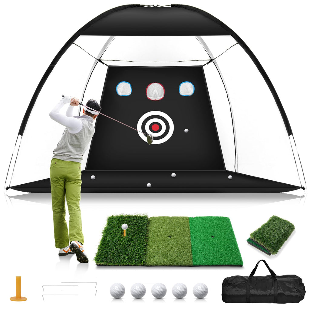Golf Net, 10X7Ft Home Golf Hitting Aids Equipment With Foldable Tri-Turf Mat For Backyard Driving Chipping Swing With Training T