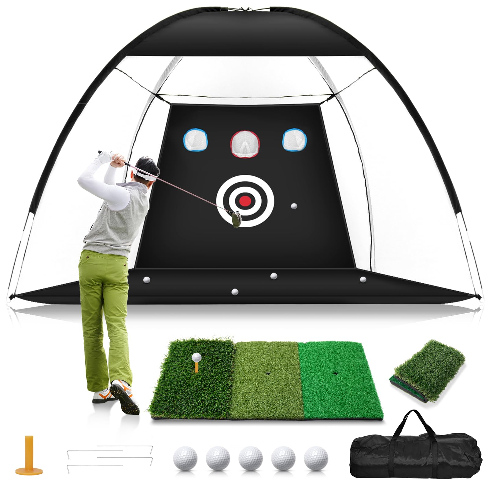 Golf Net, 10X7Ft Home Golf Hitting Aids Equipment With Foldable Tri-Turf Mat For Backyard Driving Chipping Swing With Training T