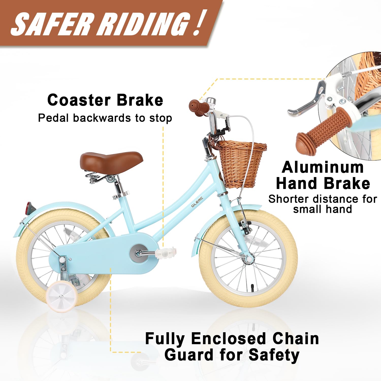 Glerc Little Molly 14 Inch Kids Bike, Retro Cruiser Girls Bike for Children Ages 3-5 Years Old, Kids Bicycle with Wicker Basket