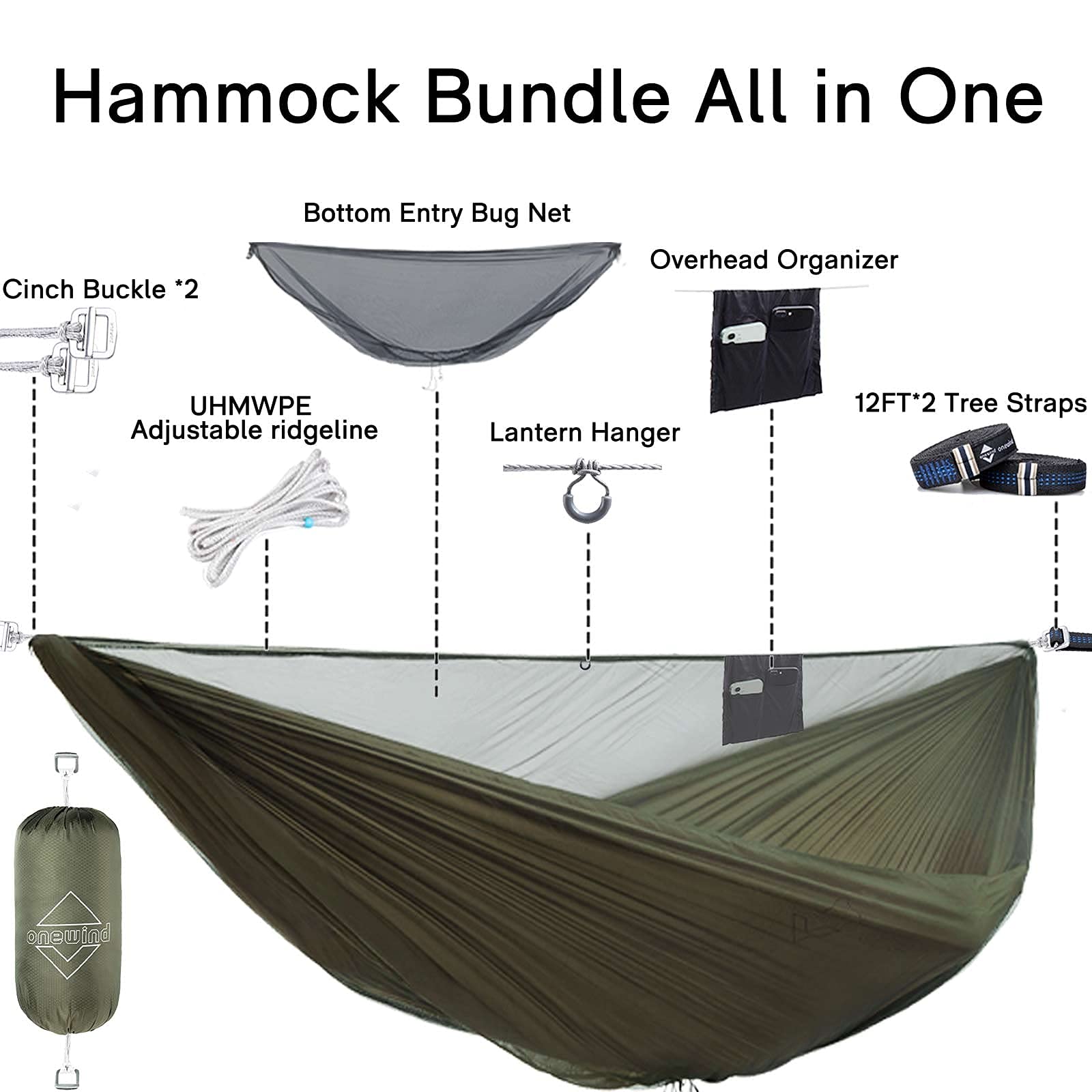 Onewind 12Ft Camping Hammock With Mosquito Net, Ridgeline Double Hammock Portable Lightweight Large Hammock Ripstop Nylon Durabl