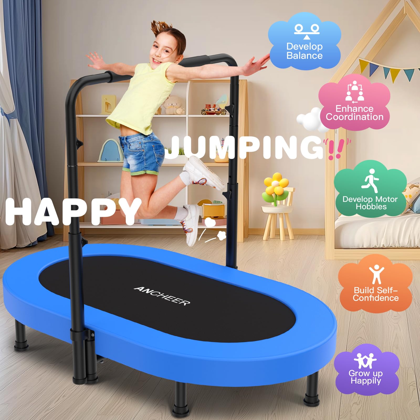 Ancheer Foldable Trampoline, Mini Rebounder Trampoline With Adjustable Handle, Exercise Trampoline For Indoor/Garden/Workout Car