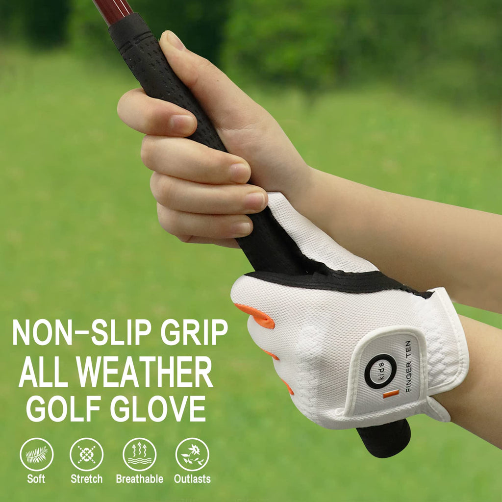 Finger Ten Junior Kids Dura Feel White Blue Red Yellow Golf Gloves Extra Value 2 Pack (Large White, Left)