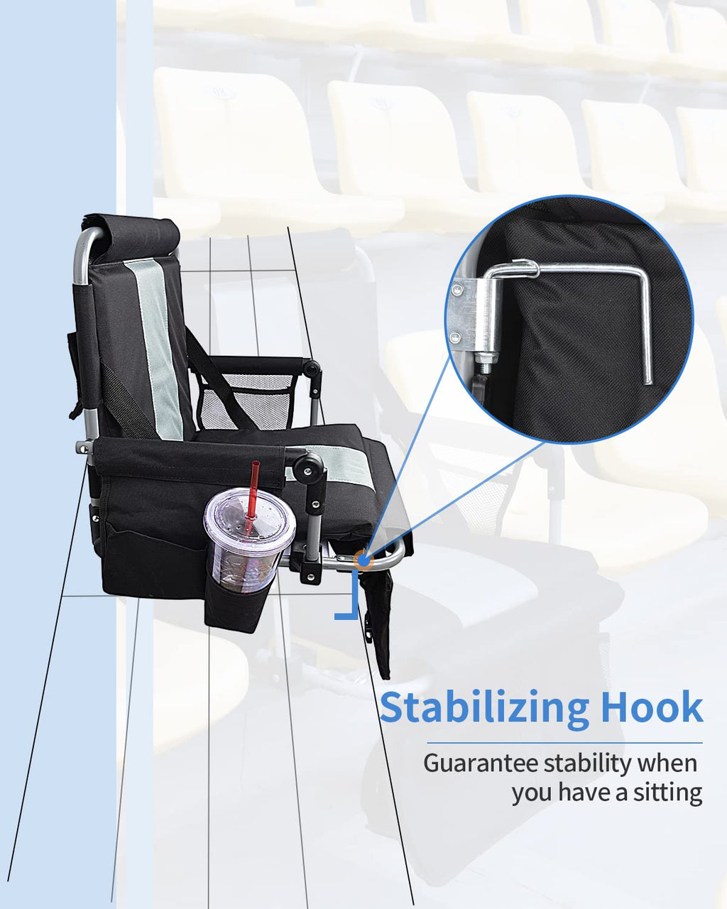 Aooximi Stadium Seats With Back Support, Folding Bleacher Seat With Cup Holders, Mesh Bags And Hide Hooks, Portable Wide Bleache
