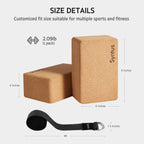 Syntus Cork Yoga Blocks And Yoga Strap Set, 2 Natural Cork Soft Non-Slip Yoga Blocks 9  6  4 Inches, 8Ft Metal D-Ring Strap For
