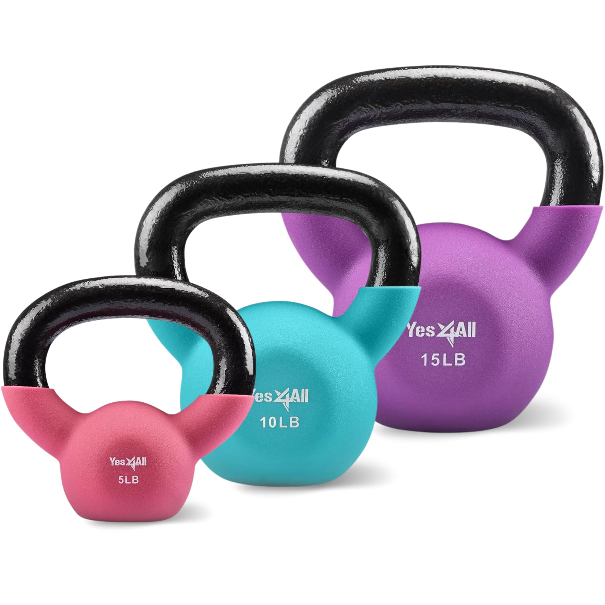 Combo 3 Yes4All Neoprene Coated Strength Training Kettlebells Color Weights 5 + 10 + 15 LB