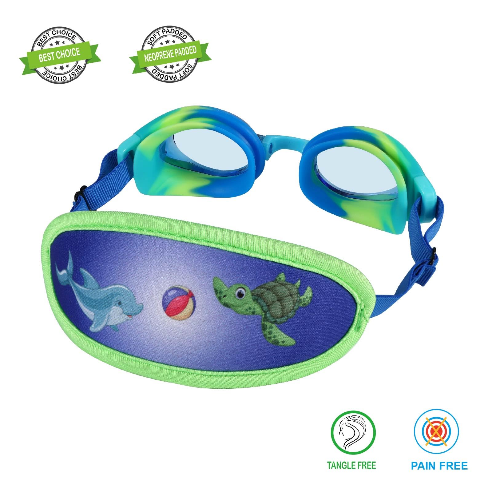 Ruigao Kids Swim Goggles Age 2-6, Toddler Goggles No Hair Pull,Child Goggles Padded Headband (1Pk - Blue Turtle)