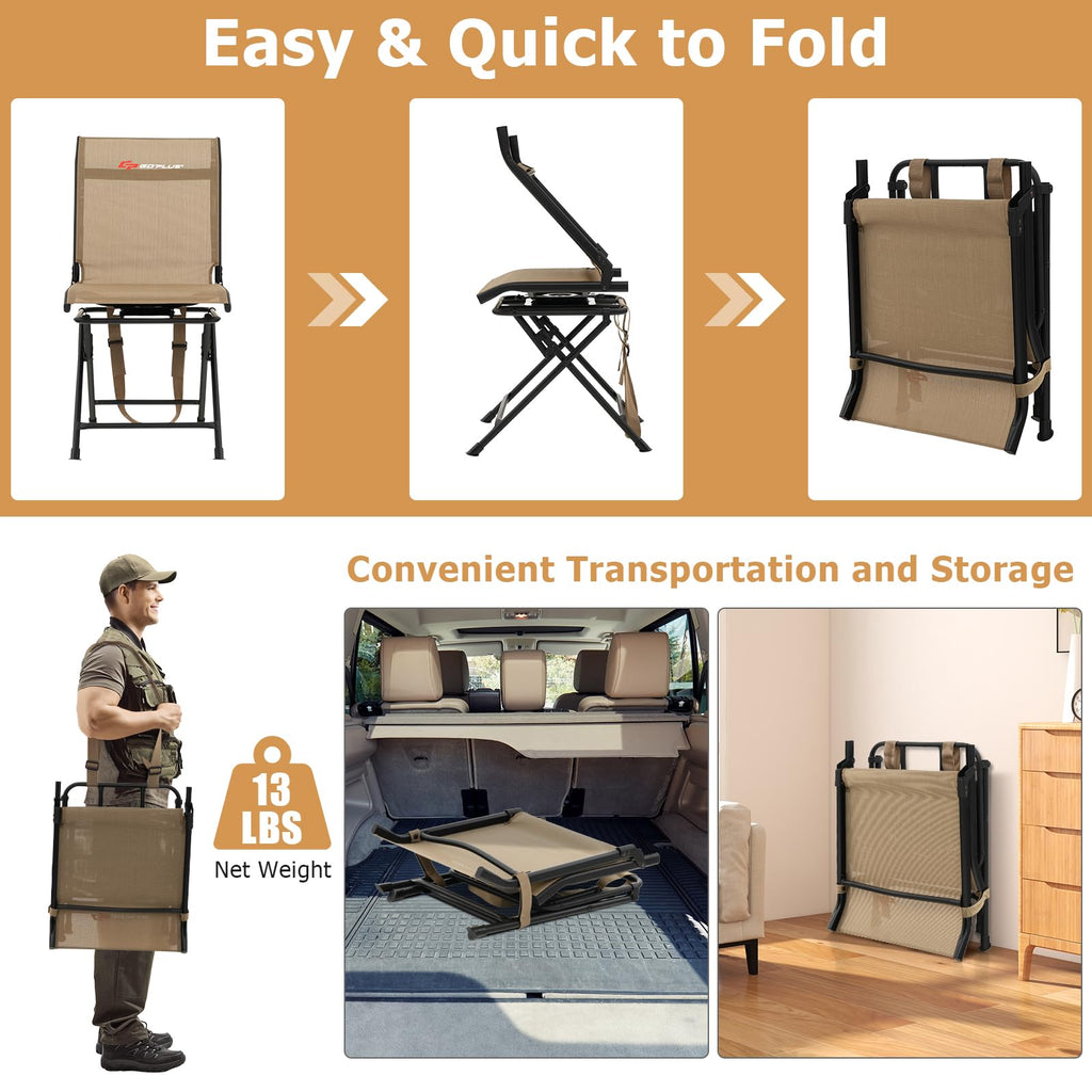 Goplus Hunting Chair, 360 Swivel Hunting Blind Chair With Carrying Strap, 330Lbs Capacity, Folding Silent Deer Hunting Chair, Po