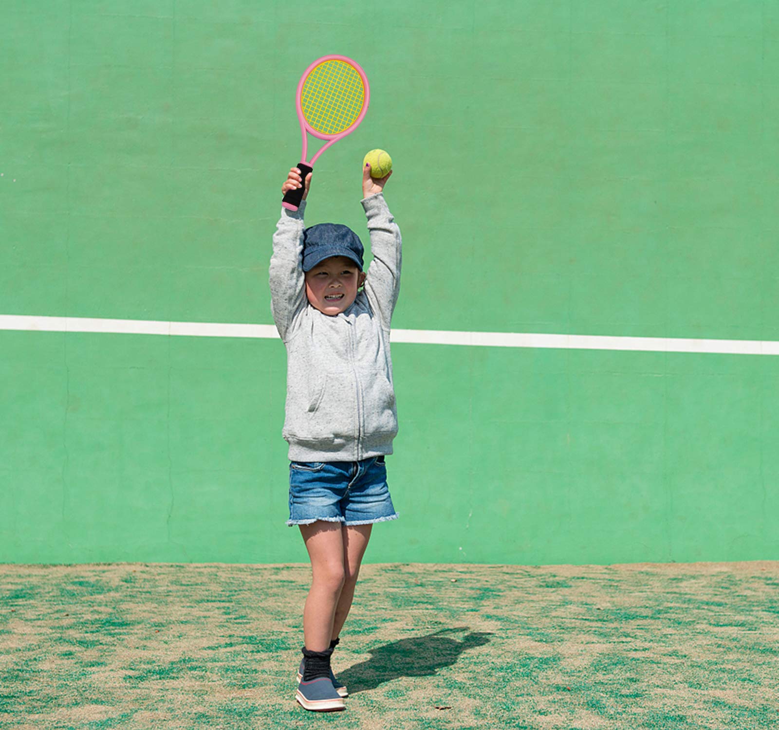 Kids Tennis Racket,17 Inch Plastic Tennis Racket With 2 Soft Balls,2 Tennis Balls And 4 Shuttlecocks For Kid,Toddler Outdoorindo