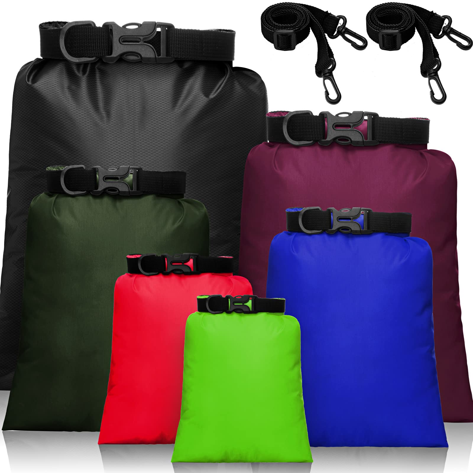 Waterproof Dry Bag Set 15 L+ 8 L +5 L+4 L+3 L+ 2 L Lightweight Sacks and Long Adjustable Shoulder Strap for Kayaking, Rafting, B