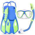 Snorkeling Gear for Kids Ages 5-15, 4 in 1 Mask Fins Snorkel Set with HD Tempered Glass Panoramic View Anti-Fog Mask, Dry Top Sn