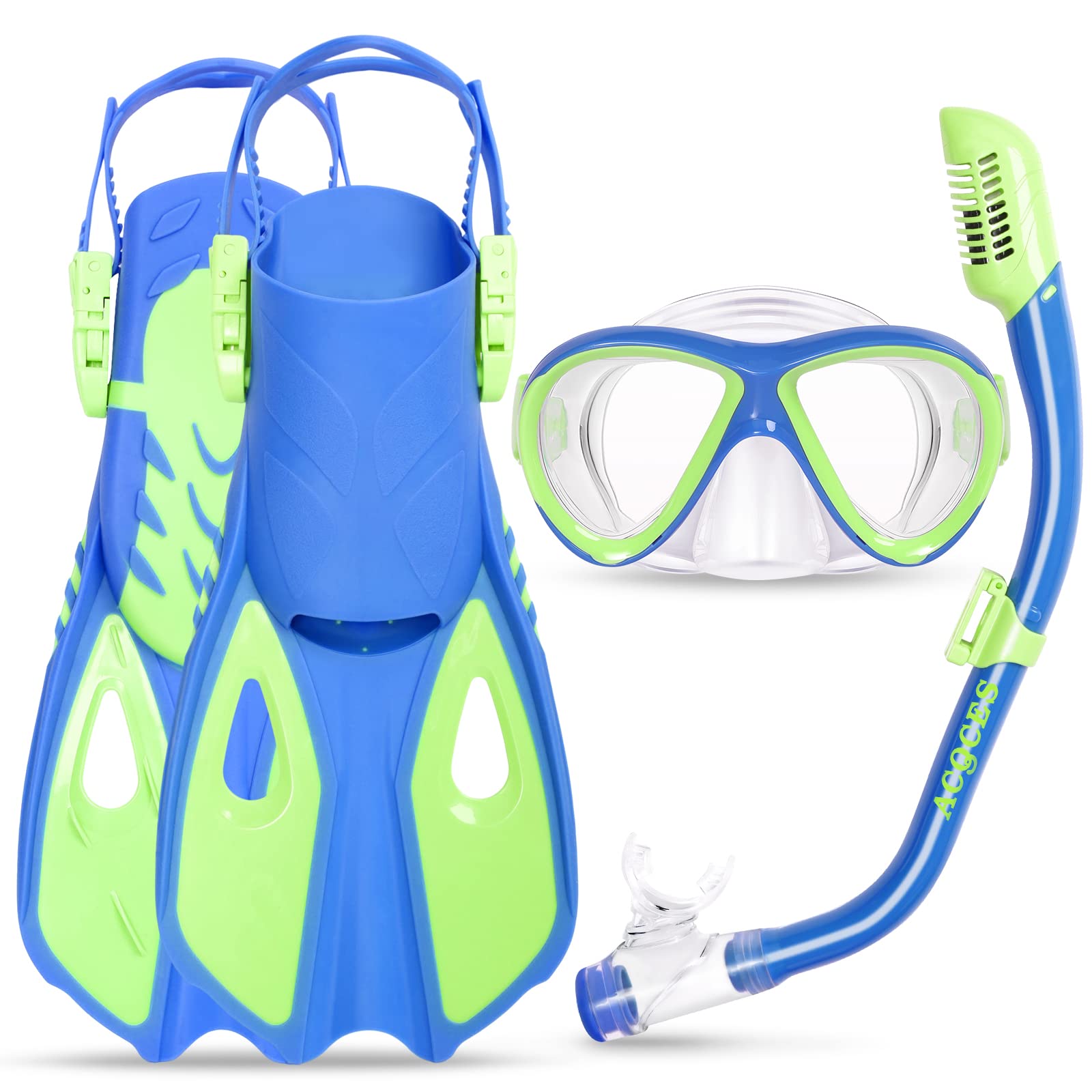 Snorkeling Gear for Kids Ages 5-15, 4 in 1 Mask Fins Snorkel Set with HD Tempered Glass Panoramic View Anti-Fog Mask, Dry Top Sn