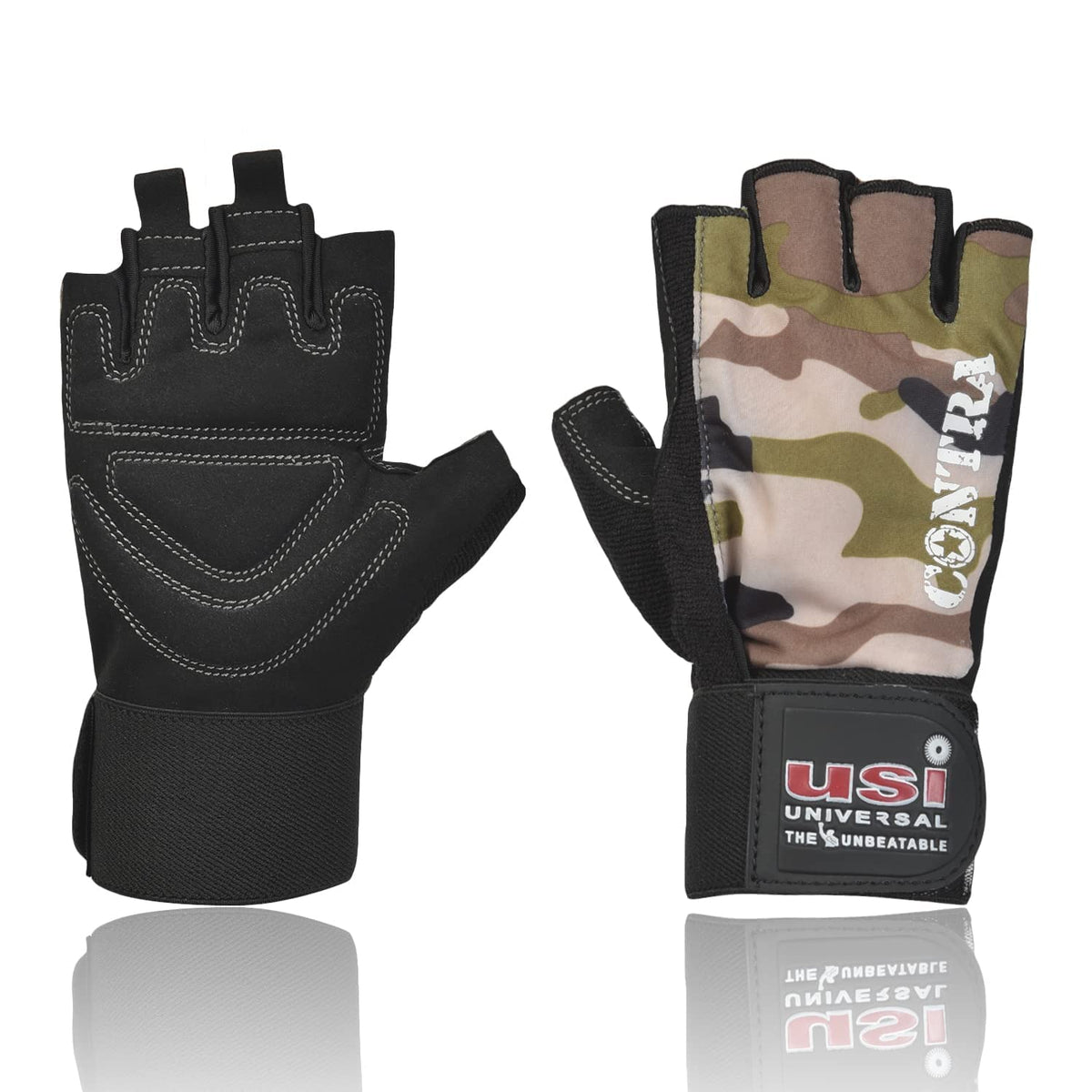 USI UNIVERSAL 733CB Contra Fitness Gym Gloves, Workout Powerlifting Gloves, Microfiber, Digital Printed (Small, Brown)