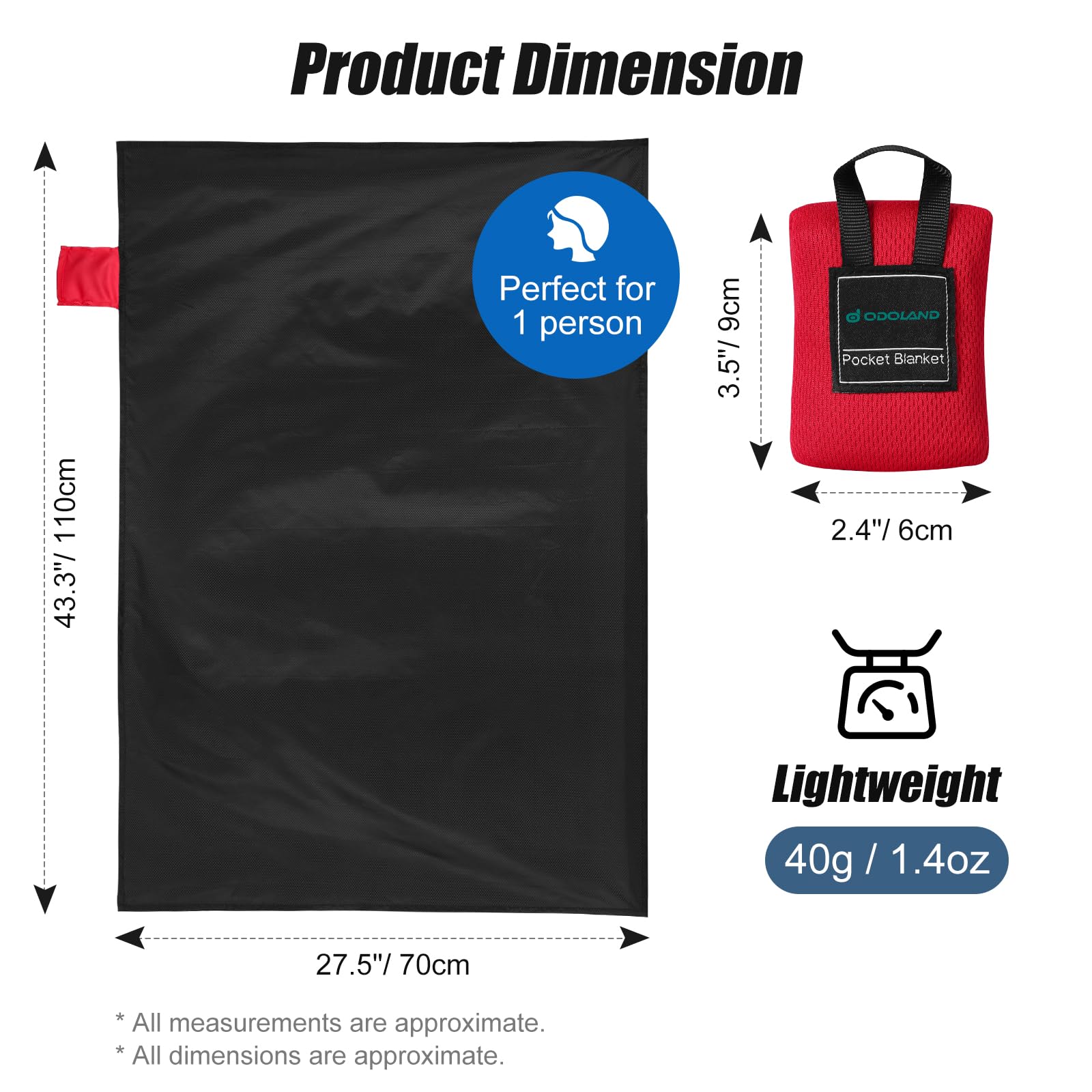 Odoland Beach Blanket Picnic Blanket, 43.3 X 27.5 Sandproof Waterproof Outdoor Pocket Blanket With Portable Bag, Foldable Lightw