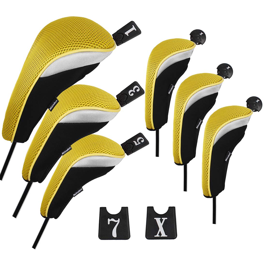 Andux 6Pcs/Set Golf Hybrid Club Head Covers And Wood Club Head Covers (3 Hybrid Covers + 3 Wood Covers) Black/Yellow