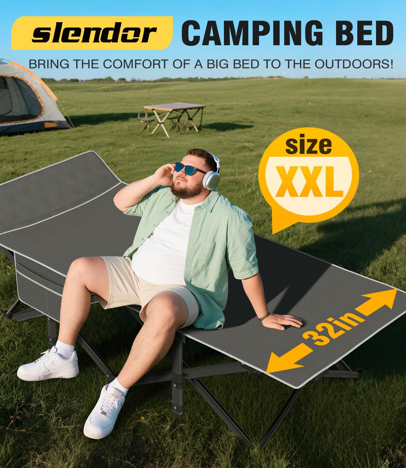 Slendor Xxl Camping Cot, Extra Wide Sleeping Cot For Adults, 79 L X 32 W X 19 H Camping Bed With Mattress, Pillow, Carry Bag, Ou