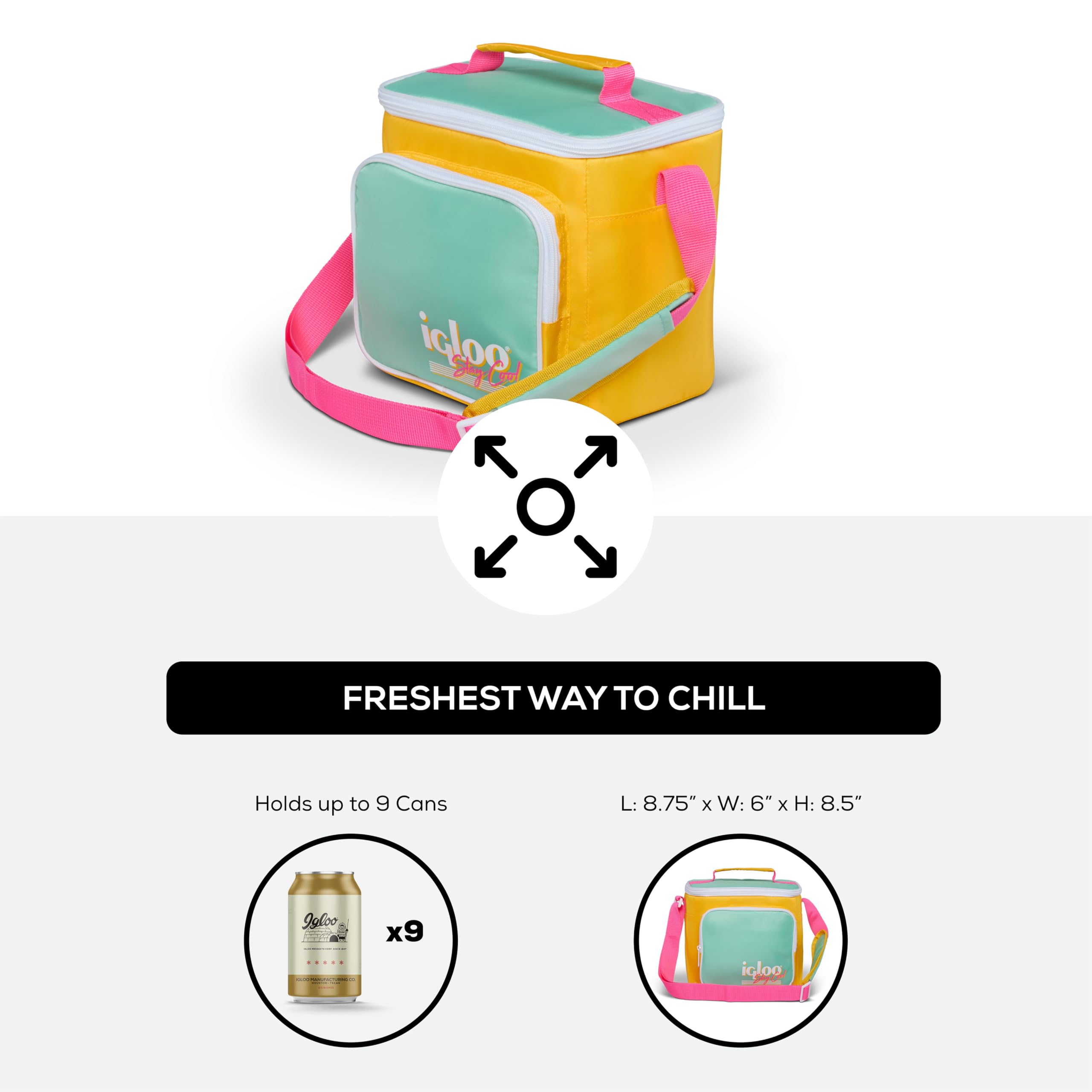 Igloo 90s Retro Collection Square Lunch Box Cooler with Front Pocket and Adjustable Strap,Yellow/Mint
