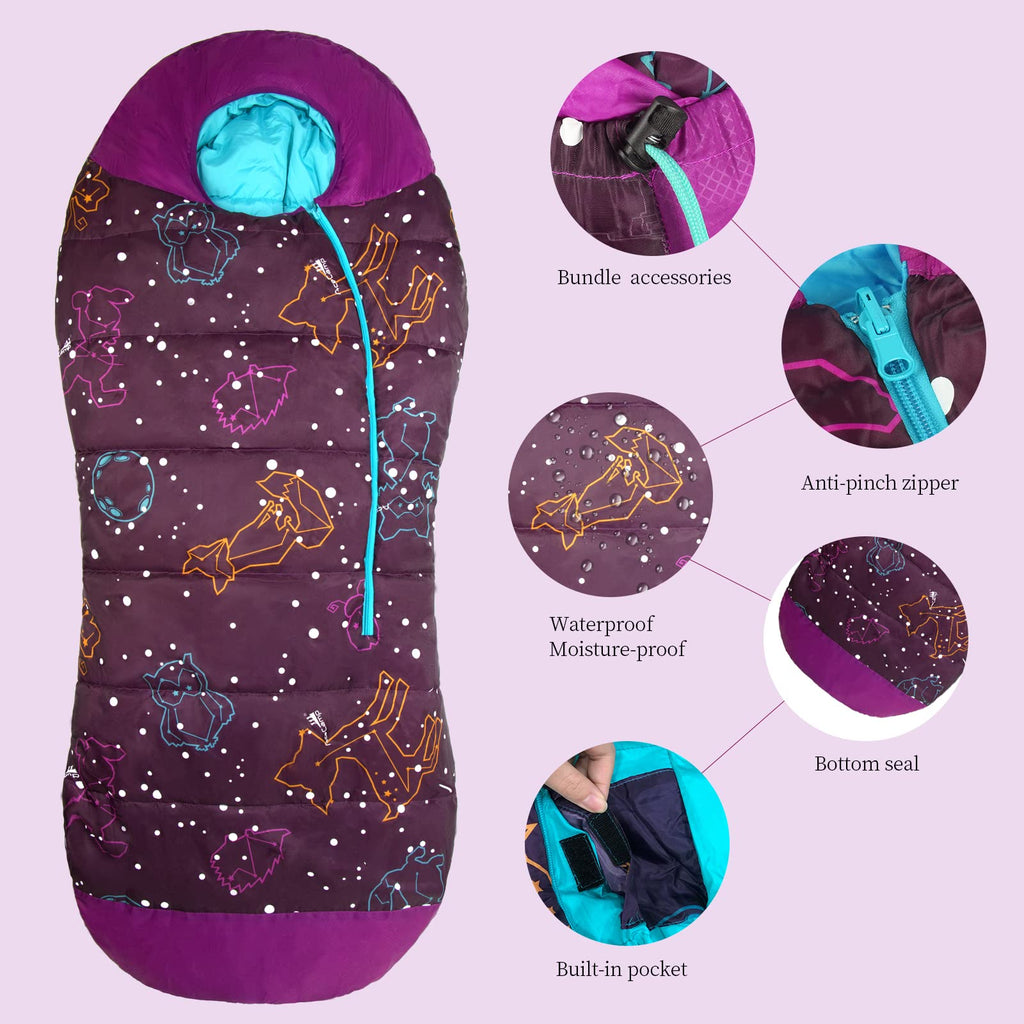 Acecamp Glow In The Dark Mummy Sleeping Bag For Kids And Youth, Temperature Rating 30F/-1C, Water-Resistant For Camping, Hiking,